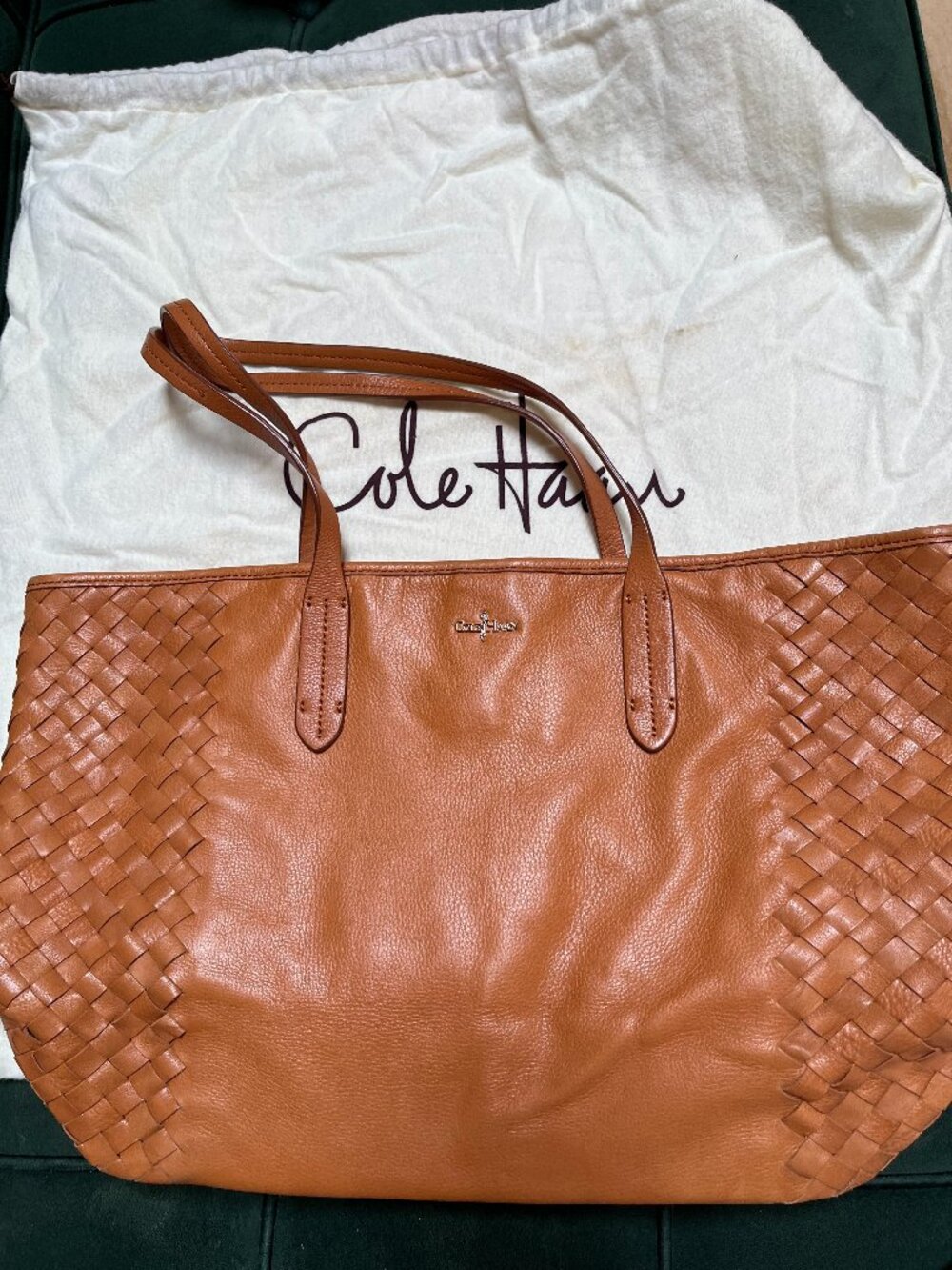 Cole Haan Woven Leather Tote Tan Brown Large Shoulder Bag Shopper